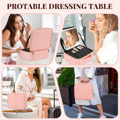 Makeup Organizer Bag for Women, Girls & Bride - Travel Cosmetic Brushes Storage Kit with Removable 3 LED Lighting Mirror and Adjustable Compartments - Toiletry Vanity Box (Rose Gold)