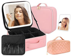 Makeup Organizer Bag for Women, Girls & Bride - Travel Cosmetic Brushes Storage Kit with Removable 3 LED Lighting Mirror and Adjustable Compartments - Toiletry Vanity Box (Rose Gold)