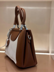 BROWN AND WHITE Luxury Textured Handheld Tote Bag with Charm