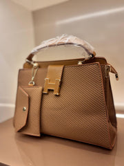 Tan / Camel Brown Elegant Textured Top-Handle Handbag