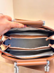 BROWN AND WHITE Luxury Textured Handheld Tote Bag with Charm