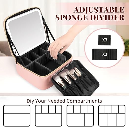 Makeup Organizer Bag for Women, Girls & Bride - Travel Cosmetic Brushes Storage Kit with Removable 3 LED Lighting Mirror and Adjustable Compartments - Toiletry Vanity Box (Rose Gold)
