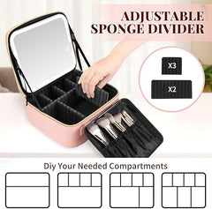 Makeup Organizer Bag for Women, Girls & Bride - Travel Cosmetic Brushes Storage Kit with Removable 3 LED Lighting Mirror and Adjustable Compartments - Toiletry Vanity Box (Rose Gold)
