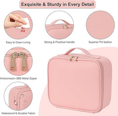Makeup Organizer Bag for Women, Girls & Bride - Travel Cosmetic Brushes Storage Kit with Removable 3 LED Lighting Mirror and Adjustable Compartments - Toiletry Vanity Box (Rose Gold)