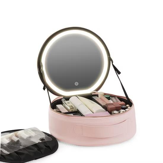 Luxury Round Vanity Makeup Organizer Case with Built-in Mirror