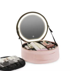 Luxury Round Vanity Makeup Organizer Case with Built-in Mirror