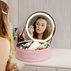 Luxury Round Vanity Makeup Organizer Case with Built-in Mirror