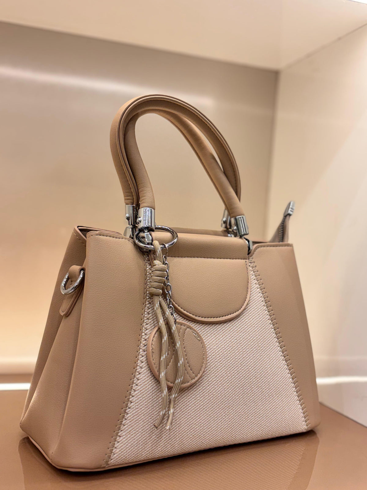 BEIGE Luxury Textured Handheld Tote Bag with Charm