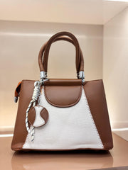 BROWN AND WHITE Luxury Textured Handheld Tote Bag with Charm