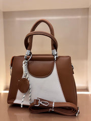 BROWN AND WHITE Luxury Textured Handheld Tote Bag with Charm