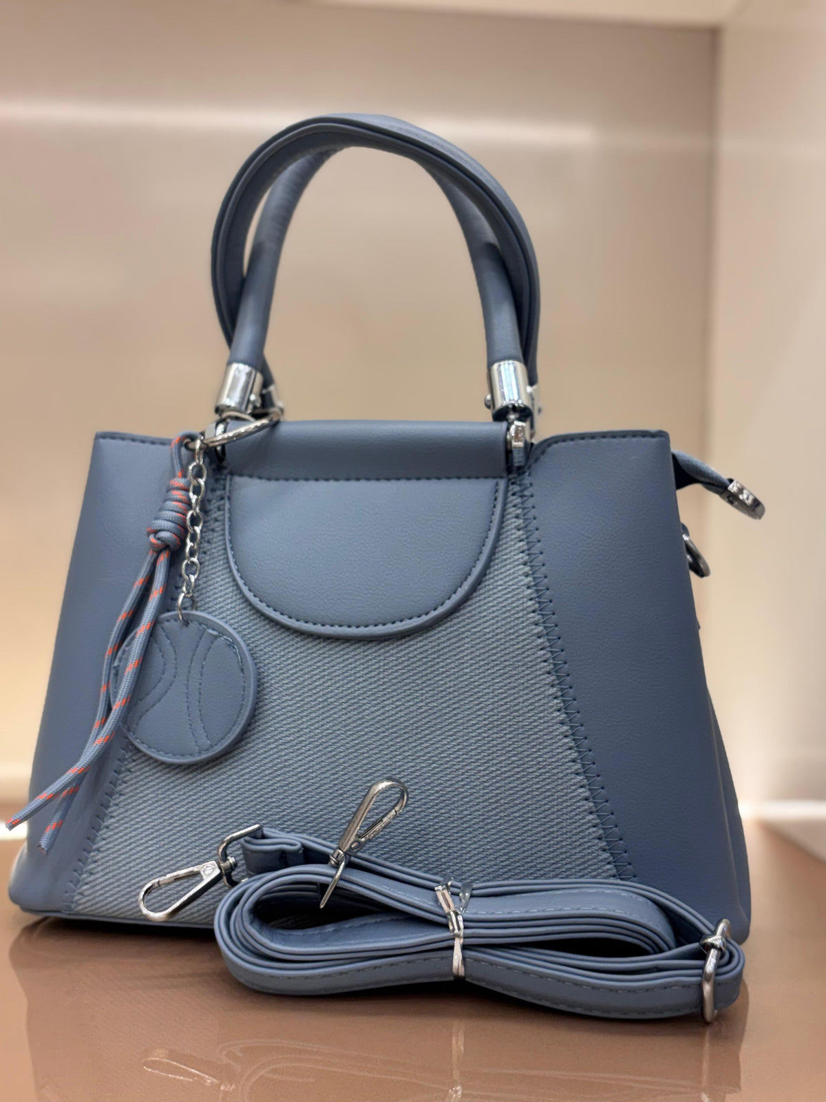 BLUE Luxury Textured Handheld Tote Bag with Charm