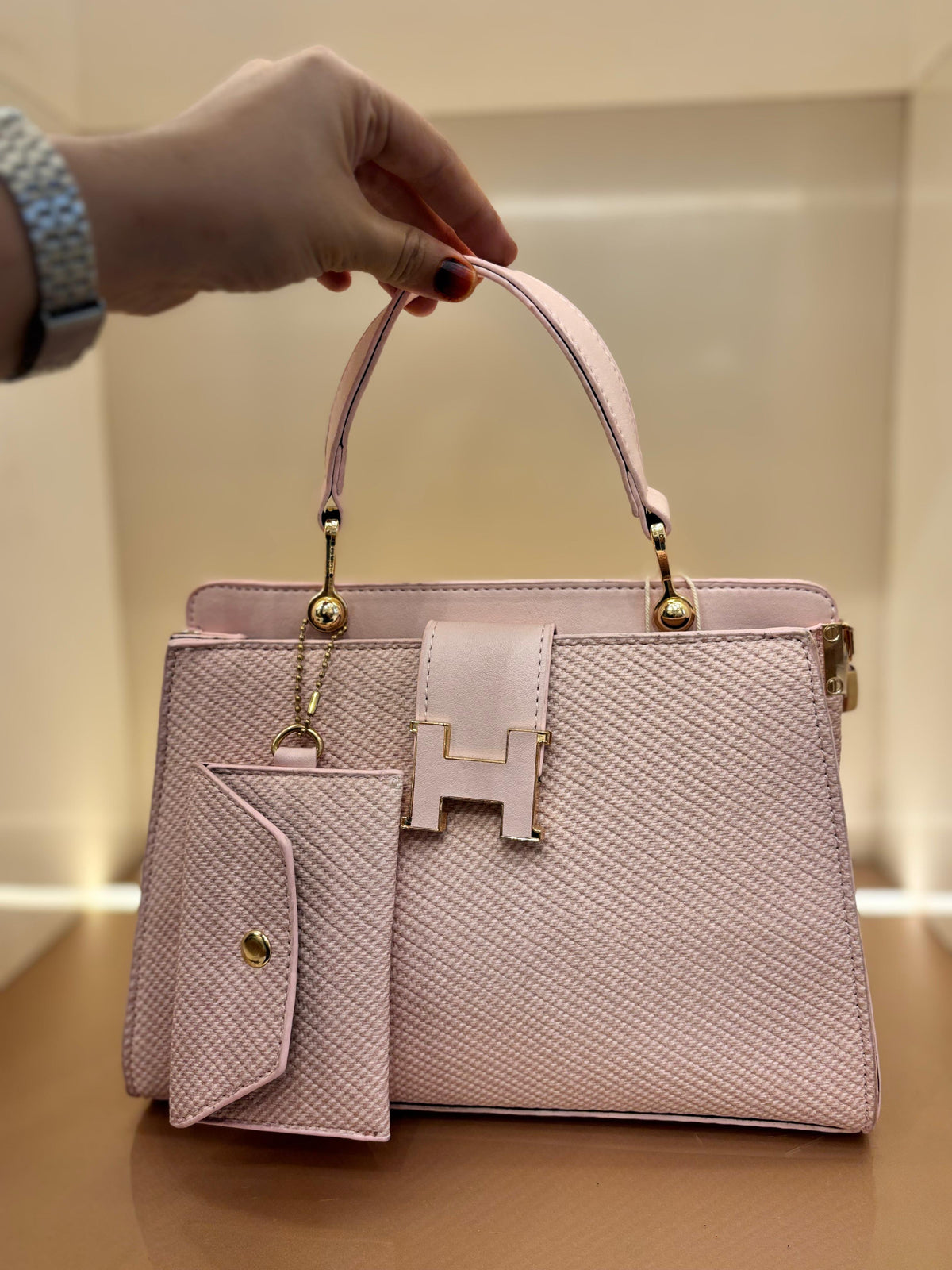 PINK Elegant Textured Top-Handle Handbag