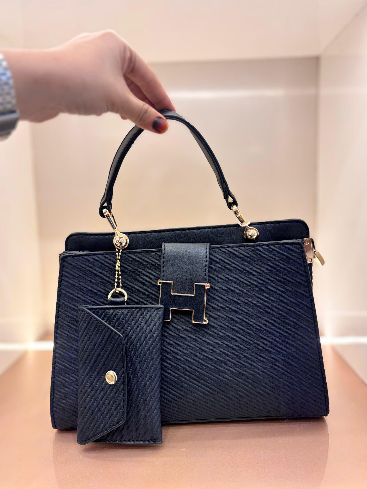 BLACK Elegant Textured Top-Handle Handbag