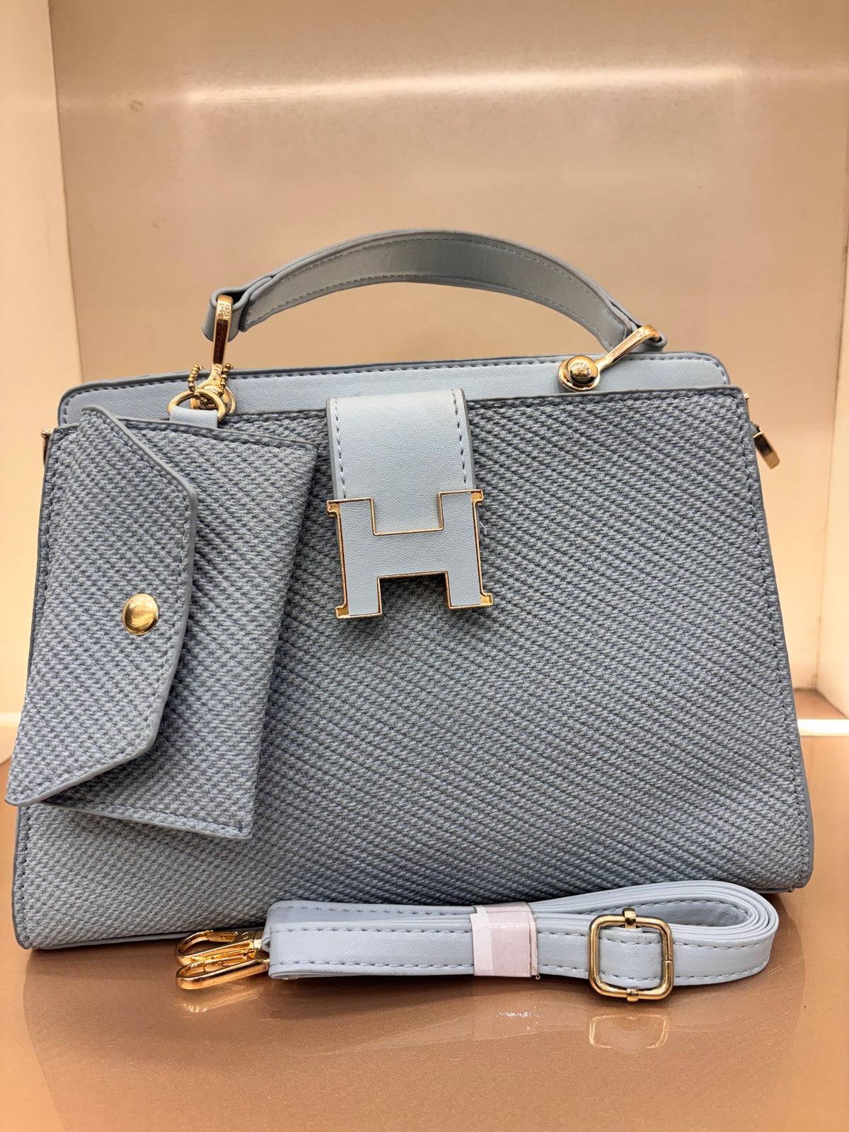 LIGHT BLUE Elegant Textured Top-Handle Handbag